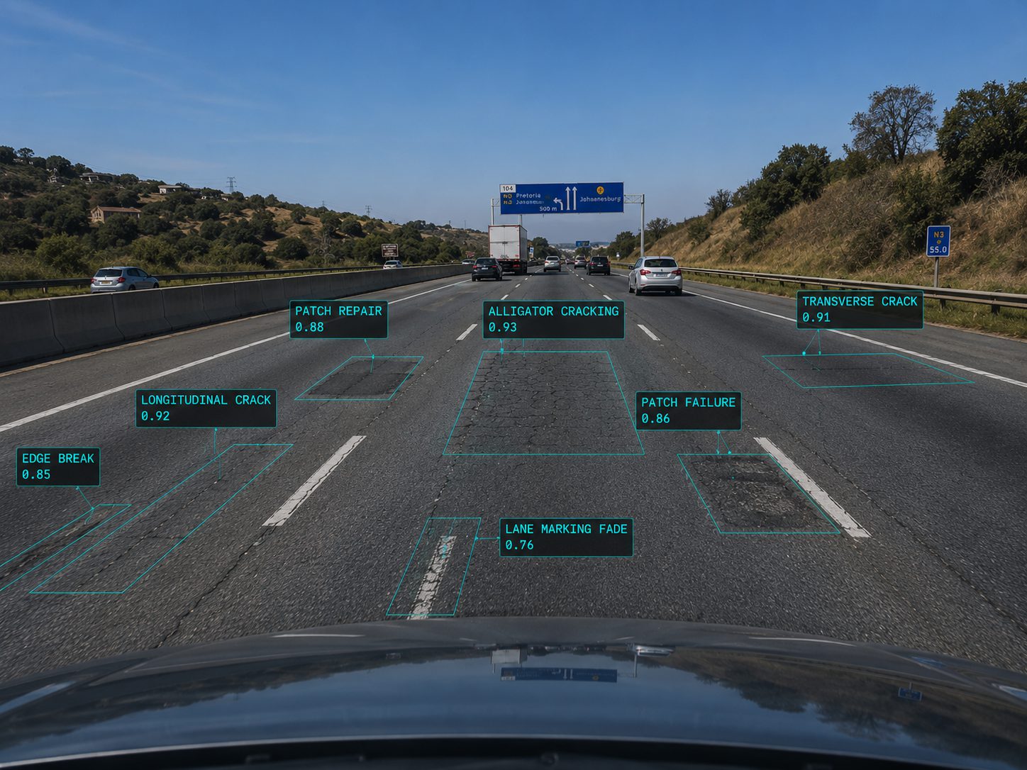 Highway detection frame with cracking, patches and lane marking fade annotated