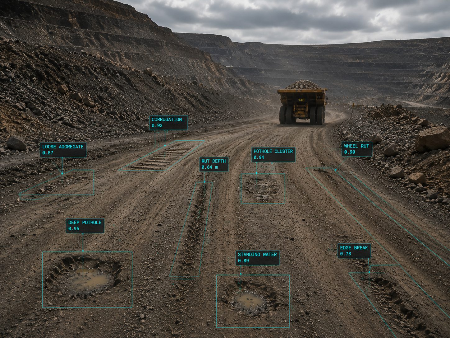 Mine haul road detection frame with surface defects annotated
