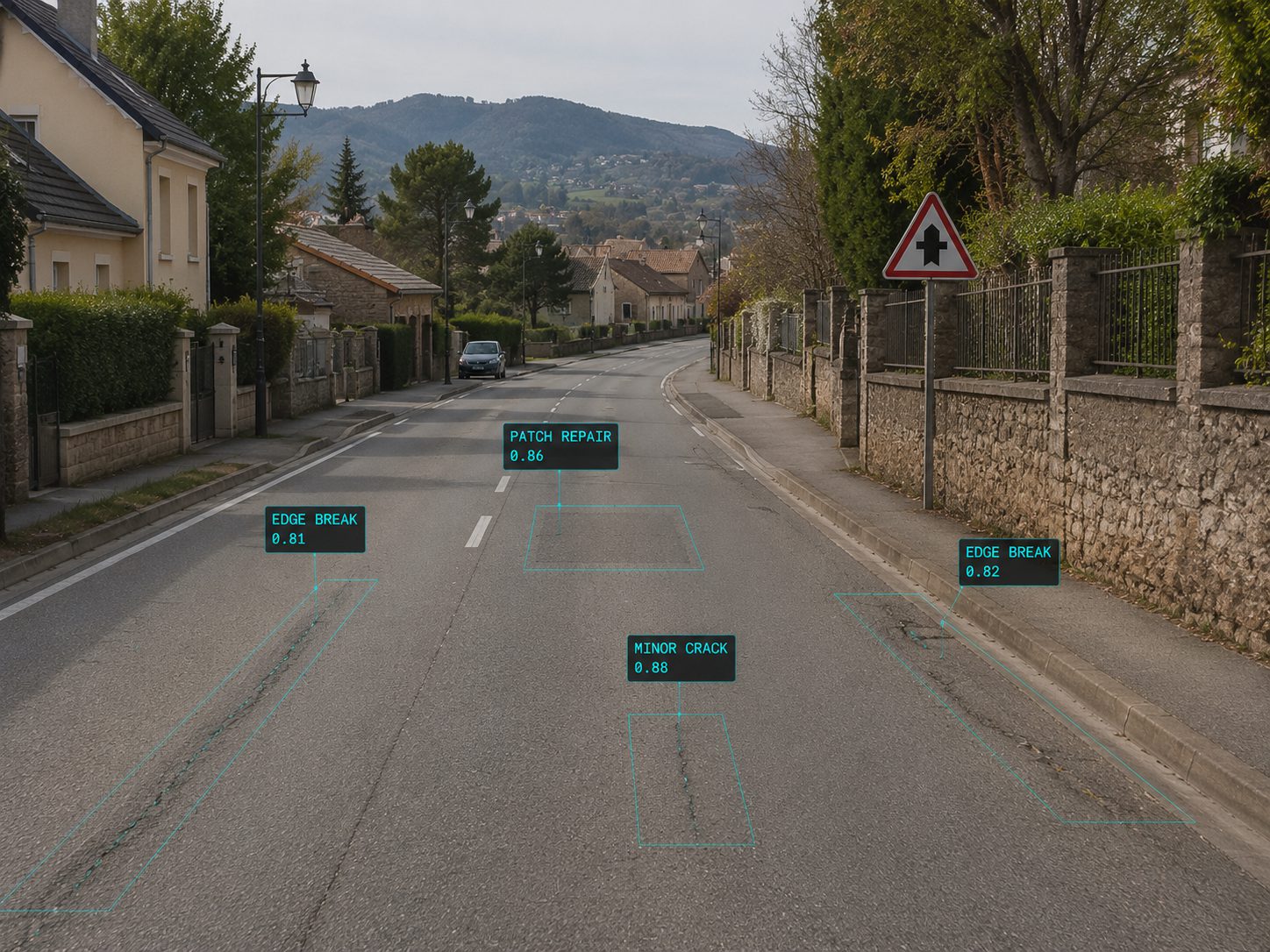 Suburban street detection frame with edge break, patch repair and minor crack annotated